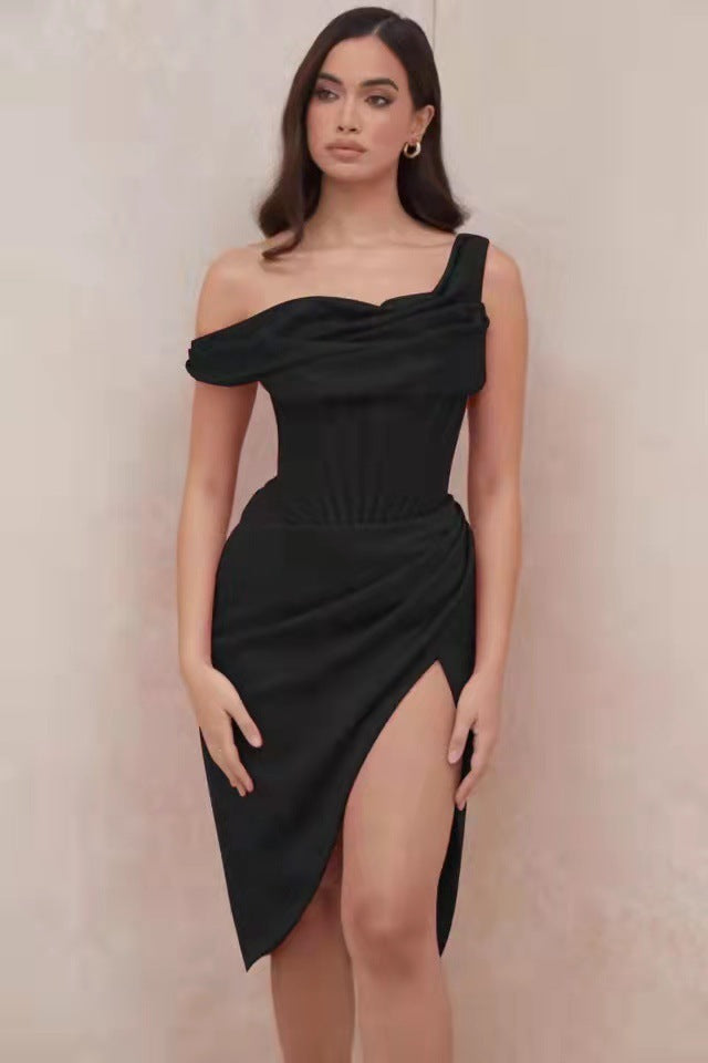 Corset-Style One‑Shoulder Irregular Slit Dress