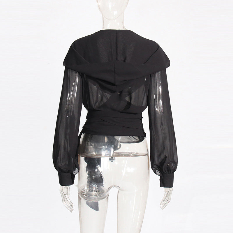 Mesh See-through Hooded Top