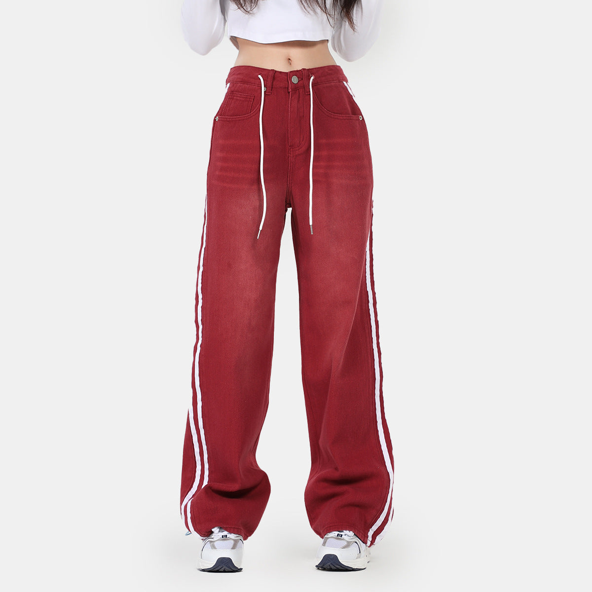 Red Slimming Edge Strip Lace Up Jeans
