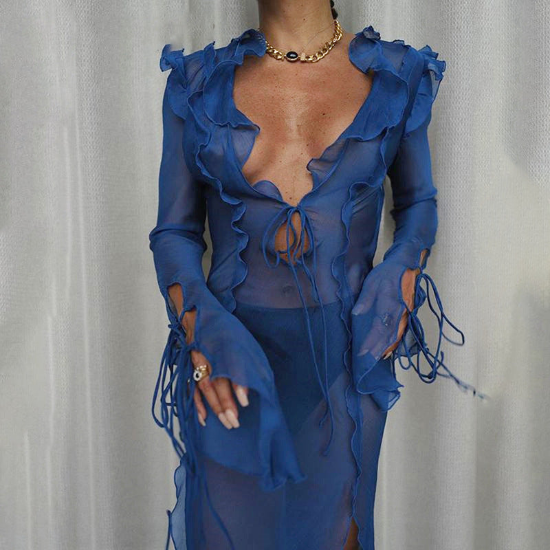 Ruffle Edge Drawstring V-neck Slit Dress