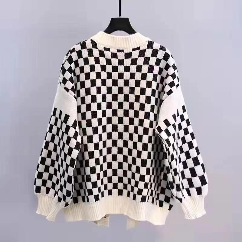 Chessboard Plaid Sweater Knitted Cardigan