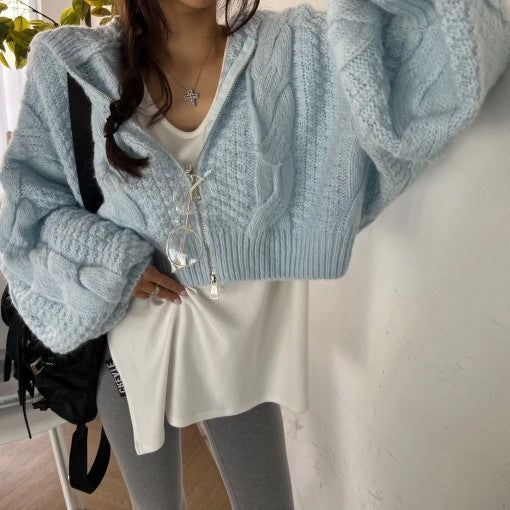 Zipper Hooded Crop Sweater