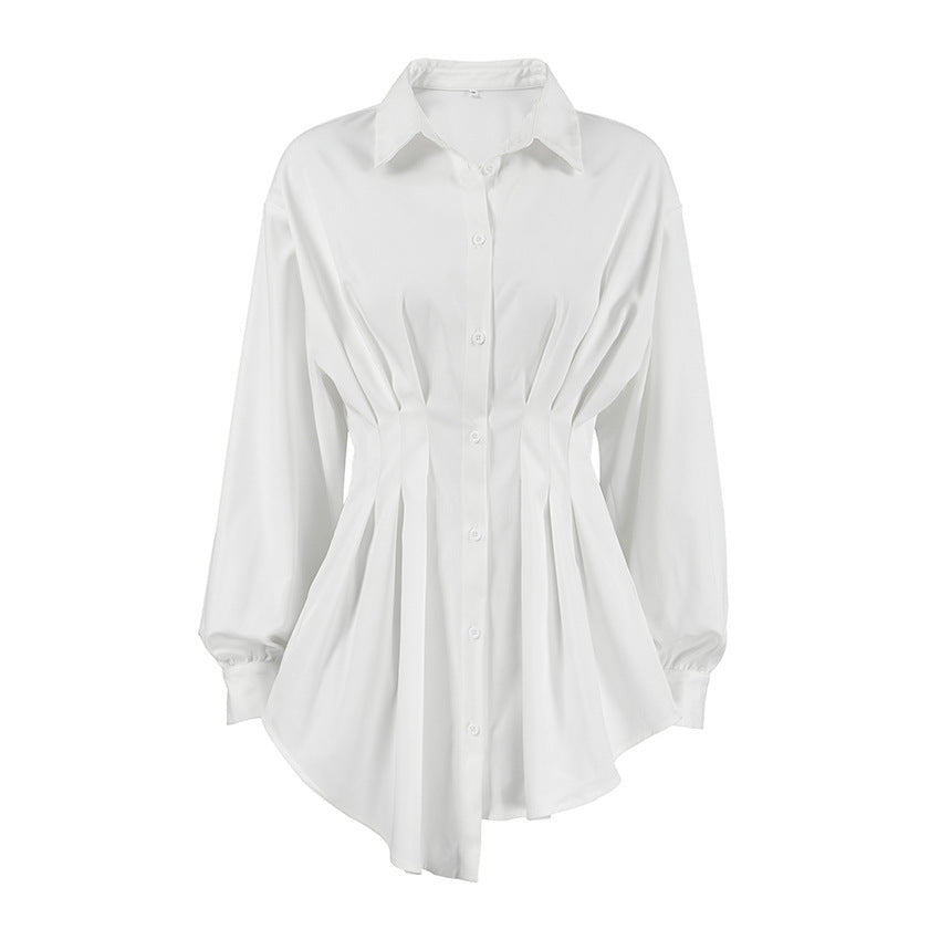 Cinched Pleated Long Sleeve Shirt