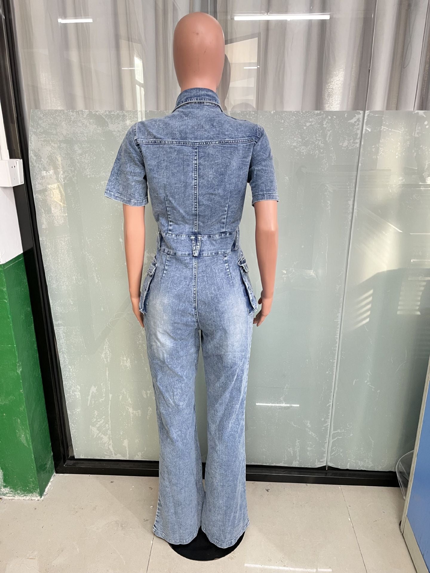 Denim Short-Sleeved Jumpsuit