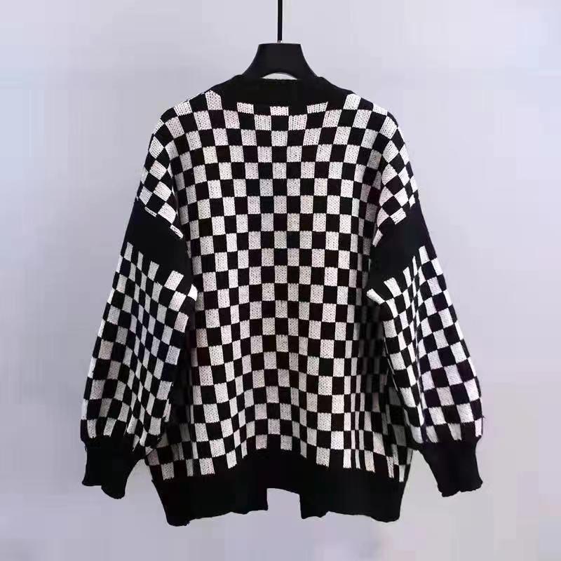 Chessboard Plaid Sweater Knitted Cardigan