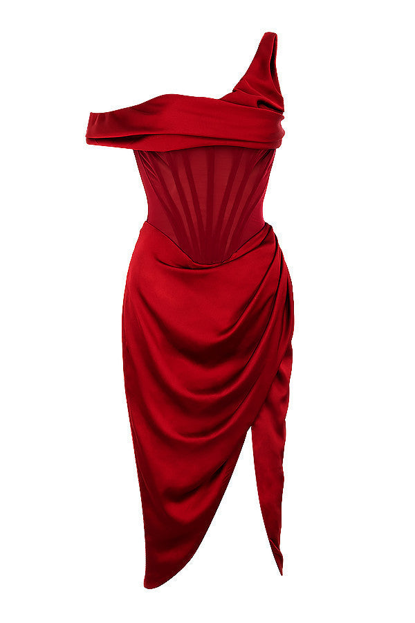 Corset-Style One‑Shoulder Irregular Slit Dress