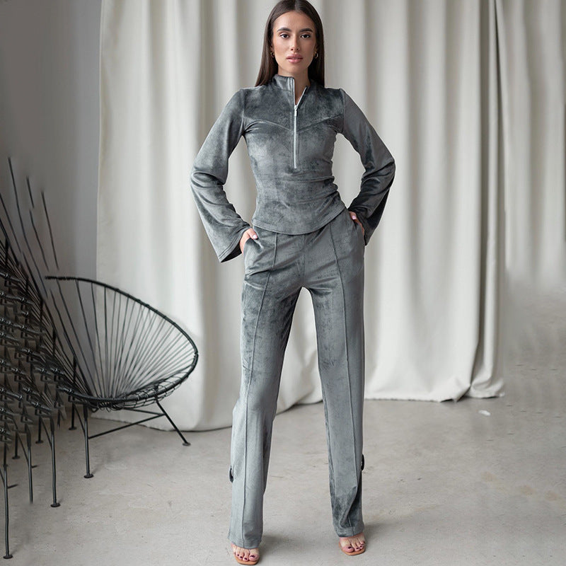Slim Fit Suede Long-sleeved Set