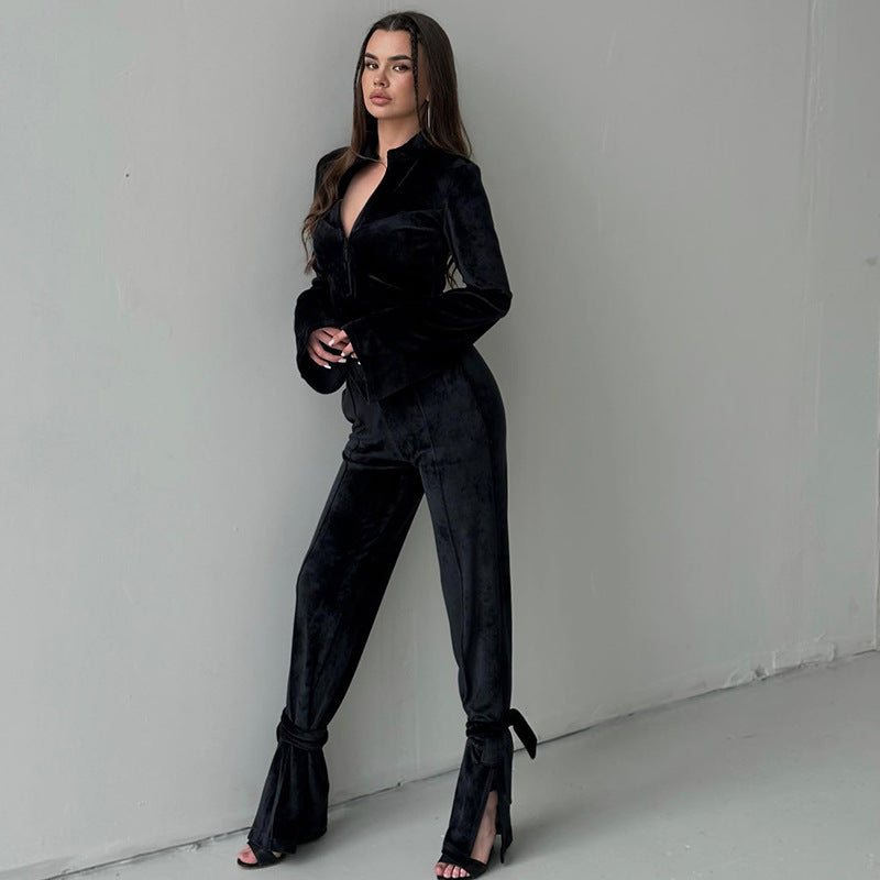 Slim Fit Suede Long-sleeved Set
