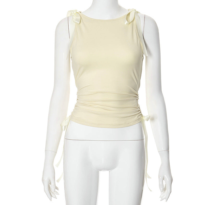 Navel Solid Ribbon Drawstring Top