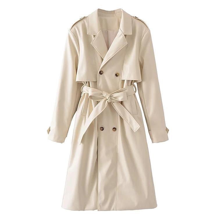 Faux Leather Long Trench Coat