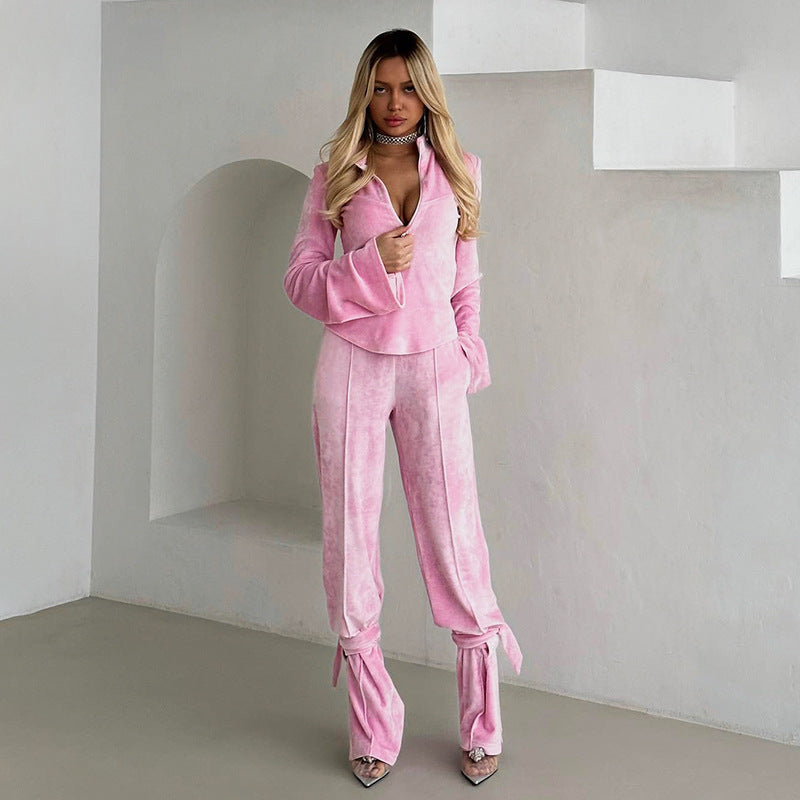 Slim Fit Suede Long-sleeved Set