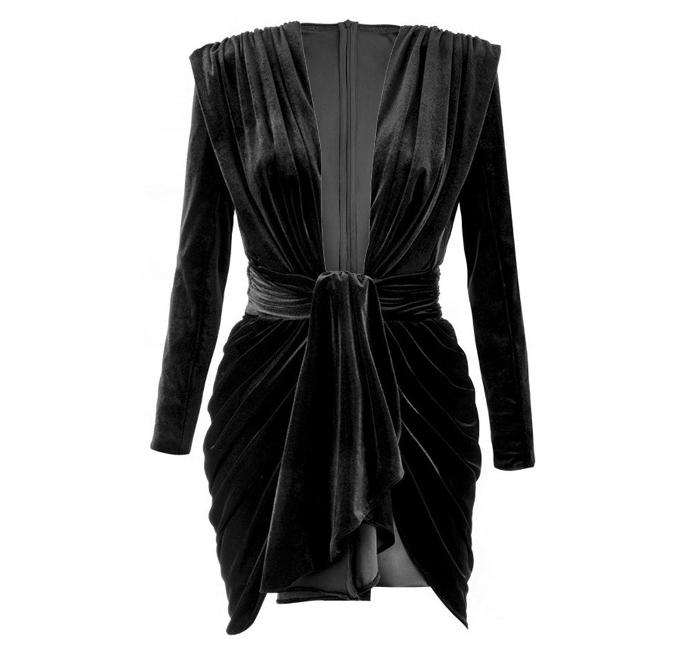 Black Velvet Deep V-neck Dress
