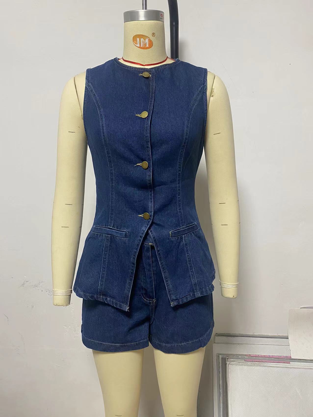 Denim Top And High Waist Shorts Set