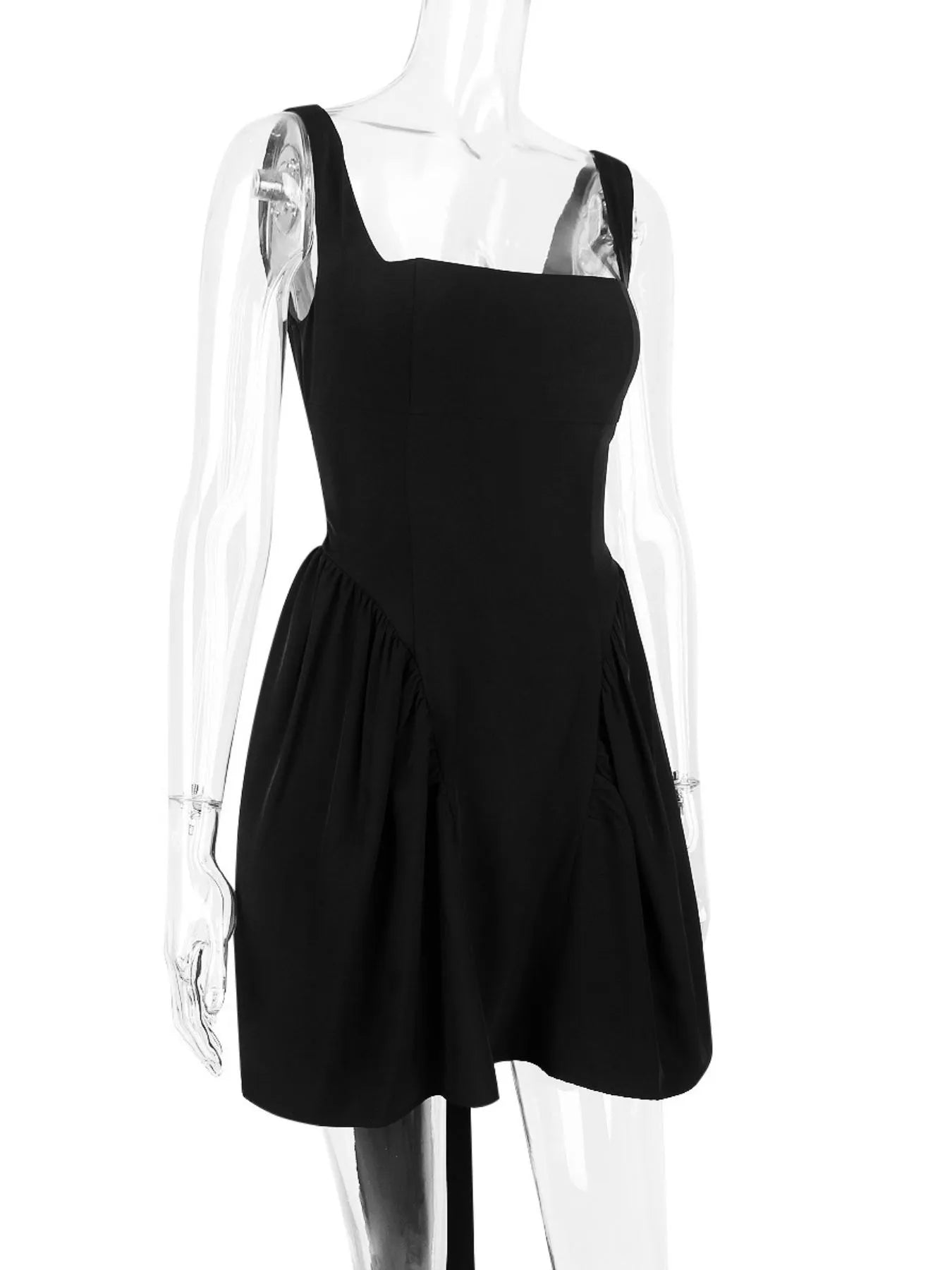 black square neck open-back mini dress on mannequin front view