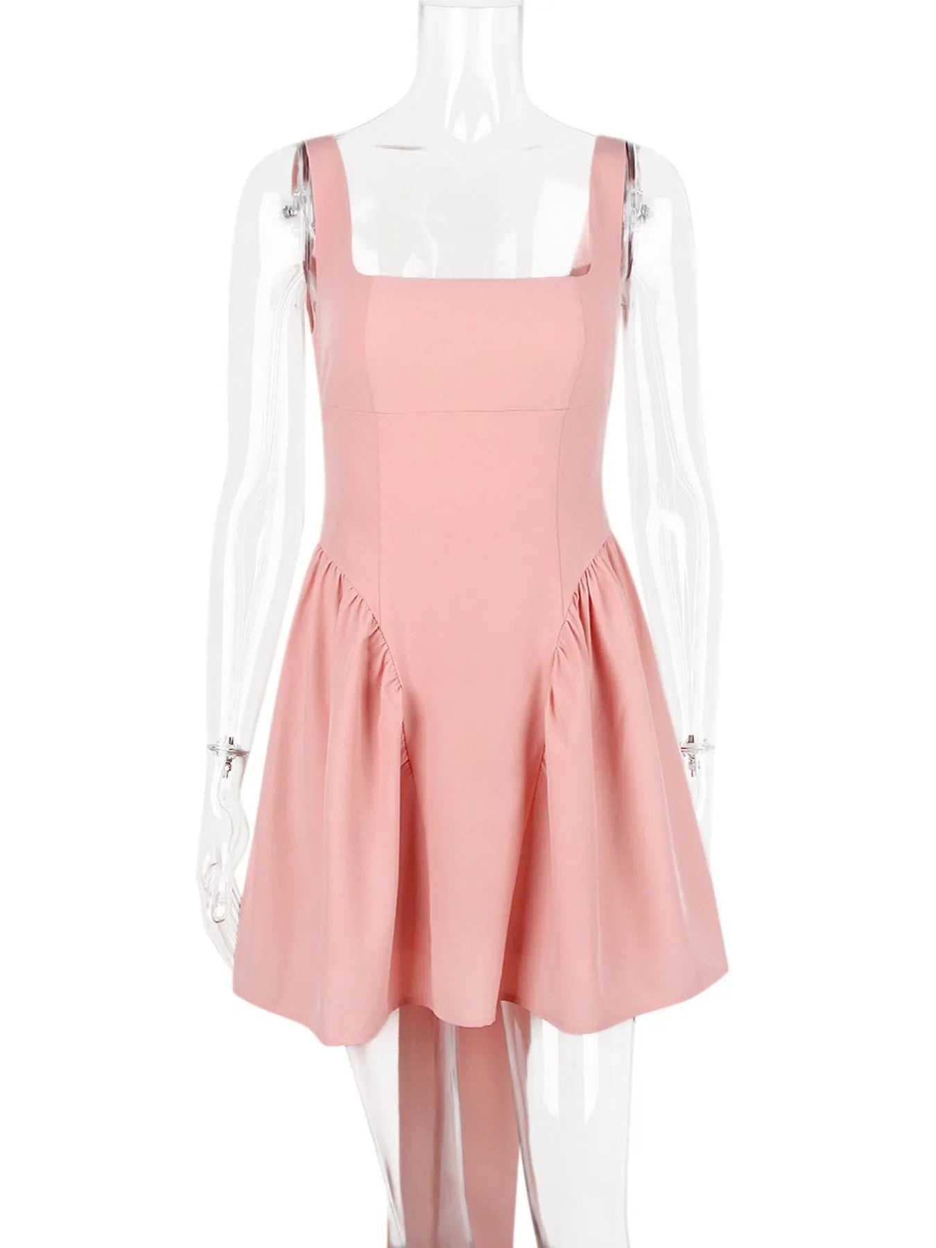 front view of pink square neck open-back mini dress