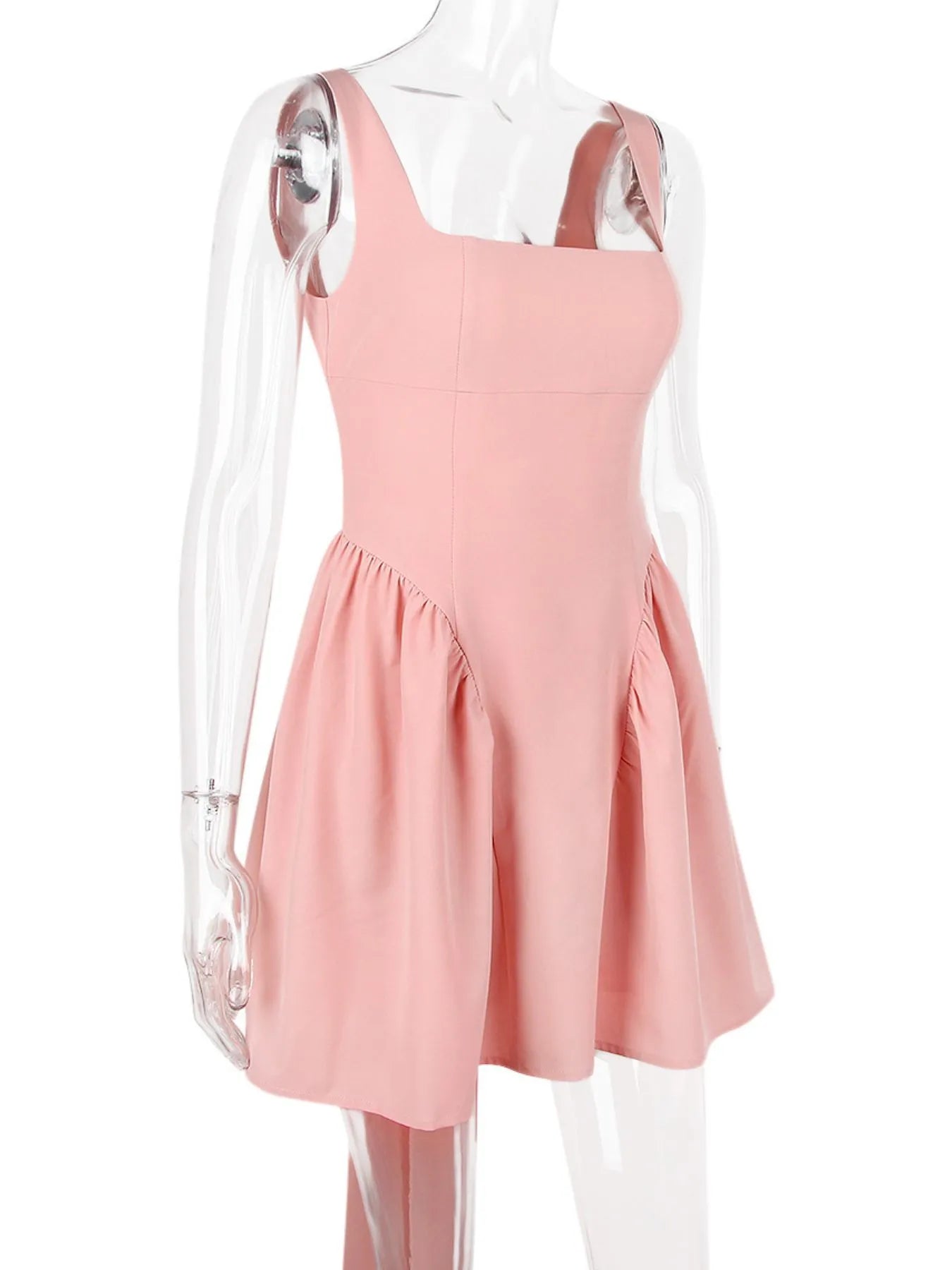 pink square neck open-back mini dress on mannequin front view