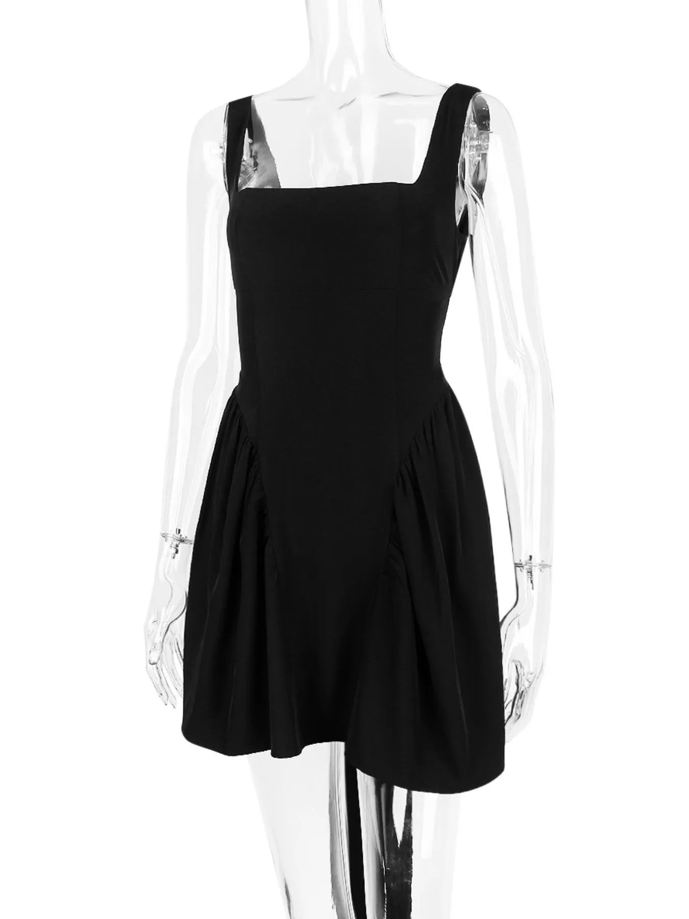 Front view of black square neck open-back mini dress on mannequin