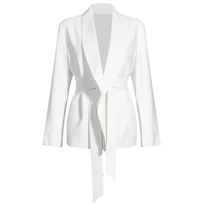 Designer-inspired white power suit blazer with belt on a white background