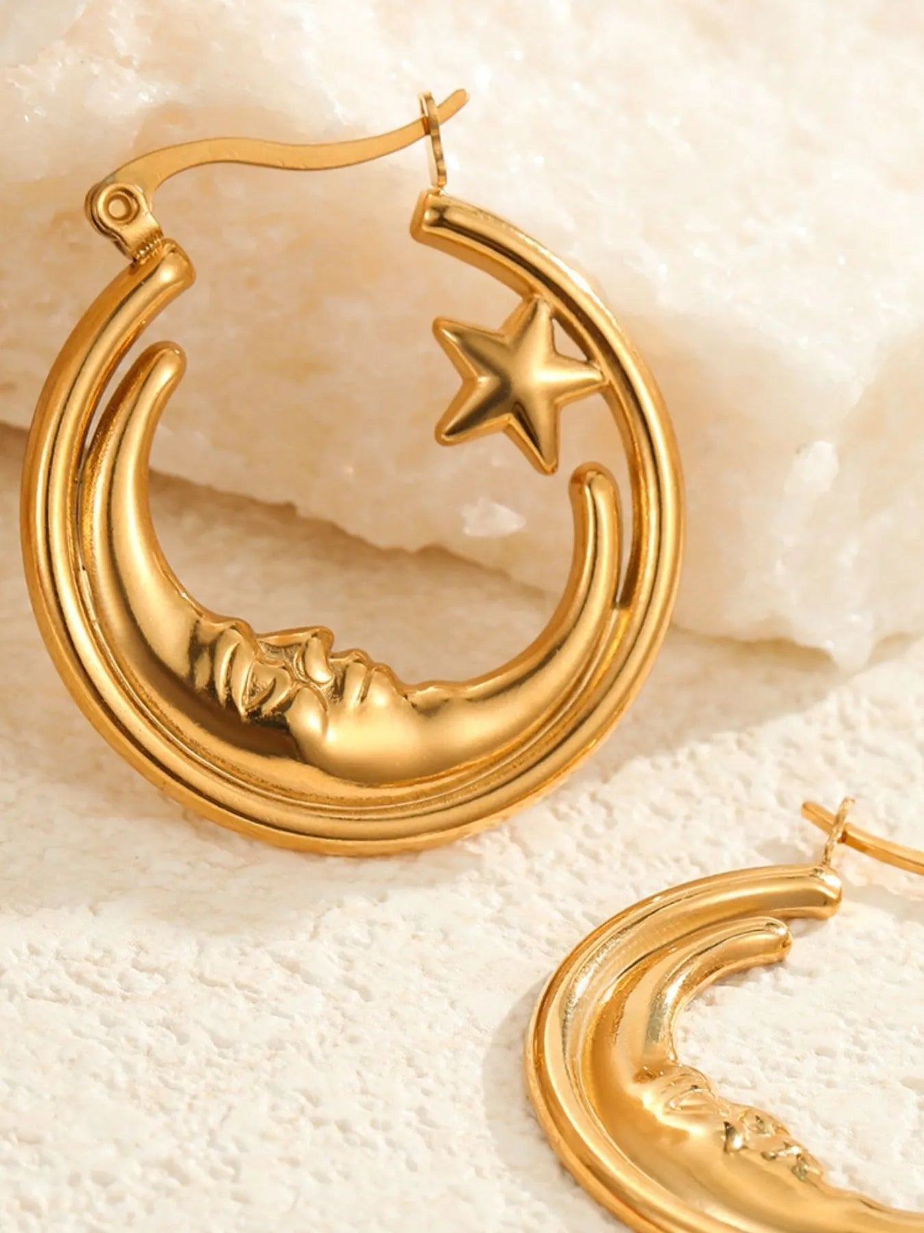 18K gold plated moon and star charm hoop earrings close up