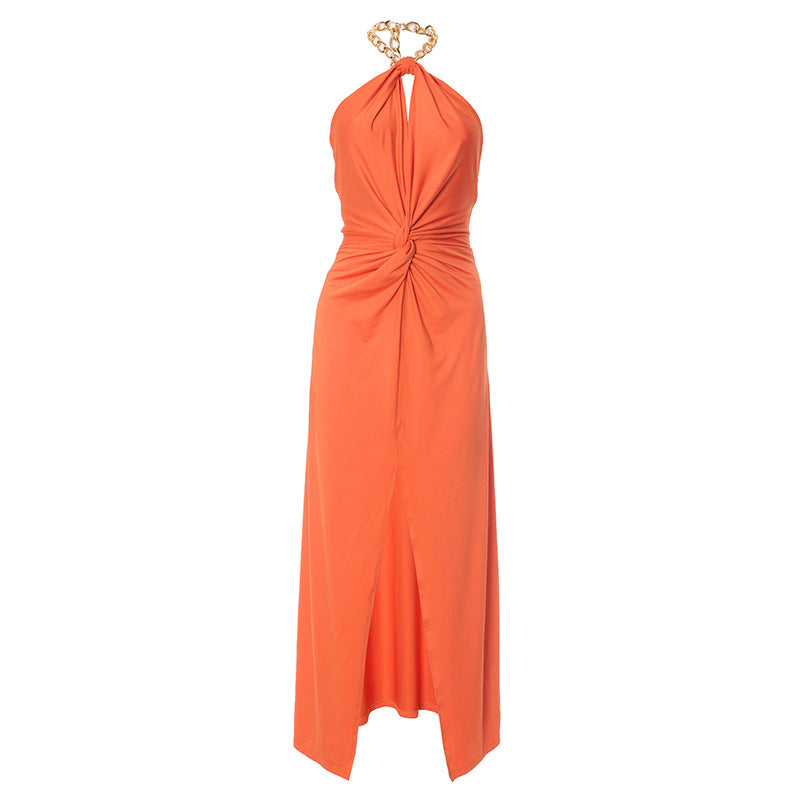 Chain Neck Backless Slit Dress