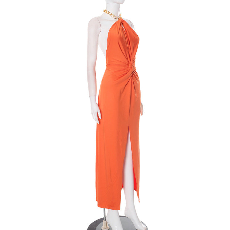 Chain Neck Backless Slit Dress