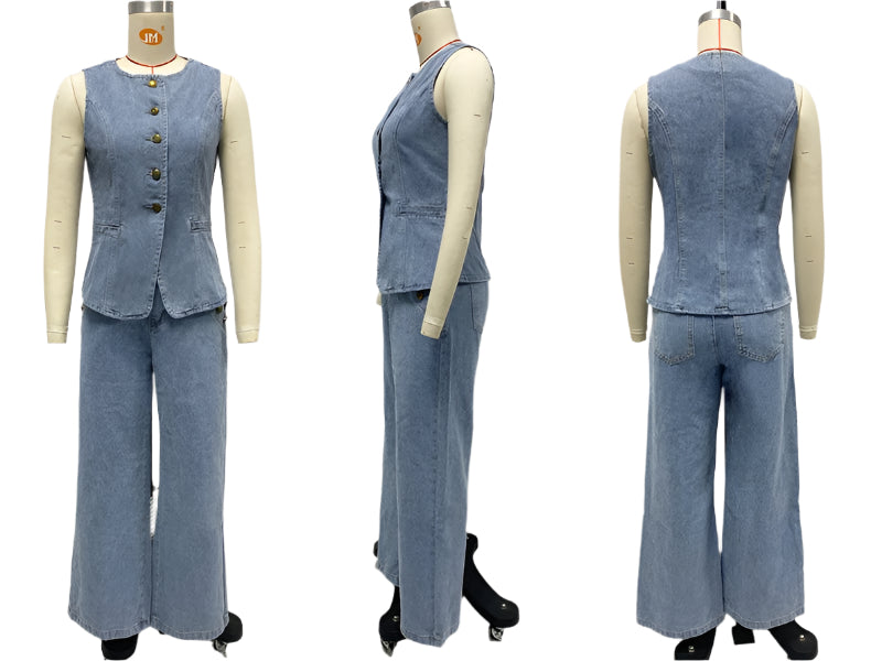 Denim vest and pants set on mannequins from front, side, and back views.