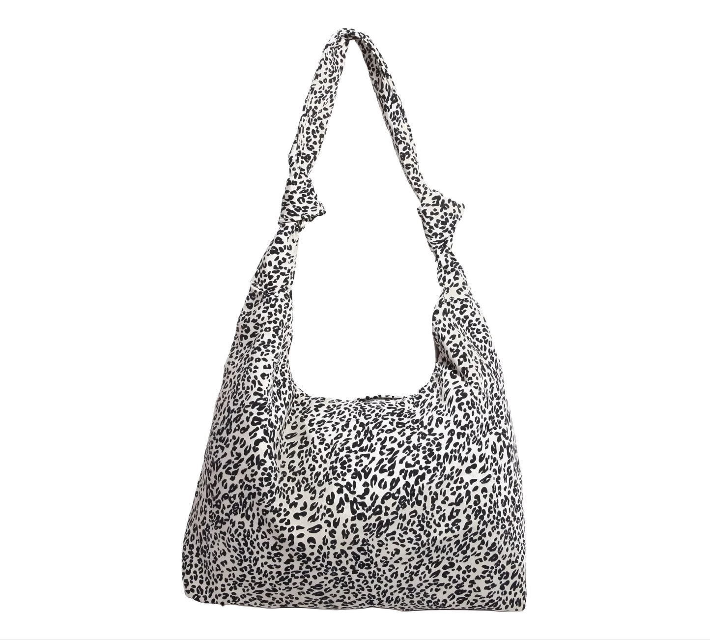 White Leopard print handbag with knotted shoulder straps on a white background