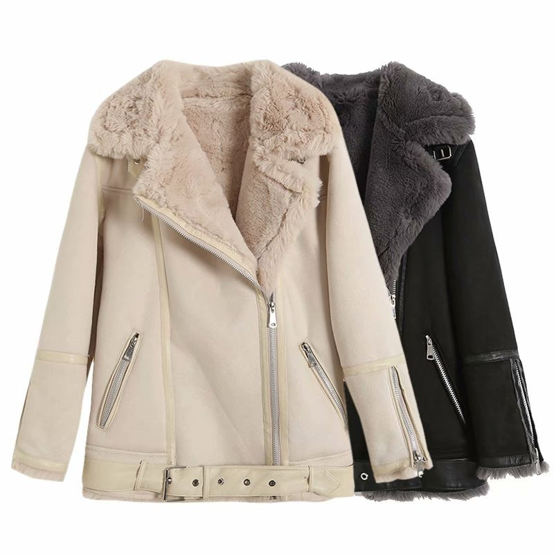 Two Lamb faux shearling moto jackets with asymmetrical zipper and belt for women fashion outerwear, one in beige/white and one in black on a white background