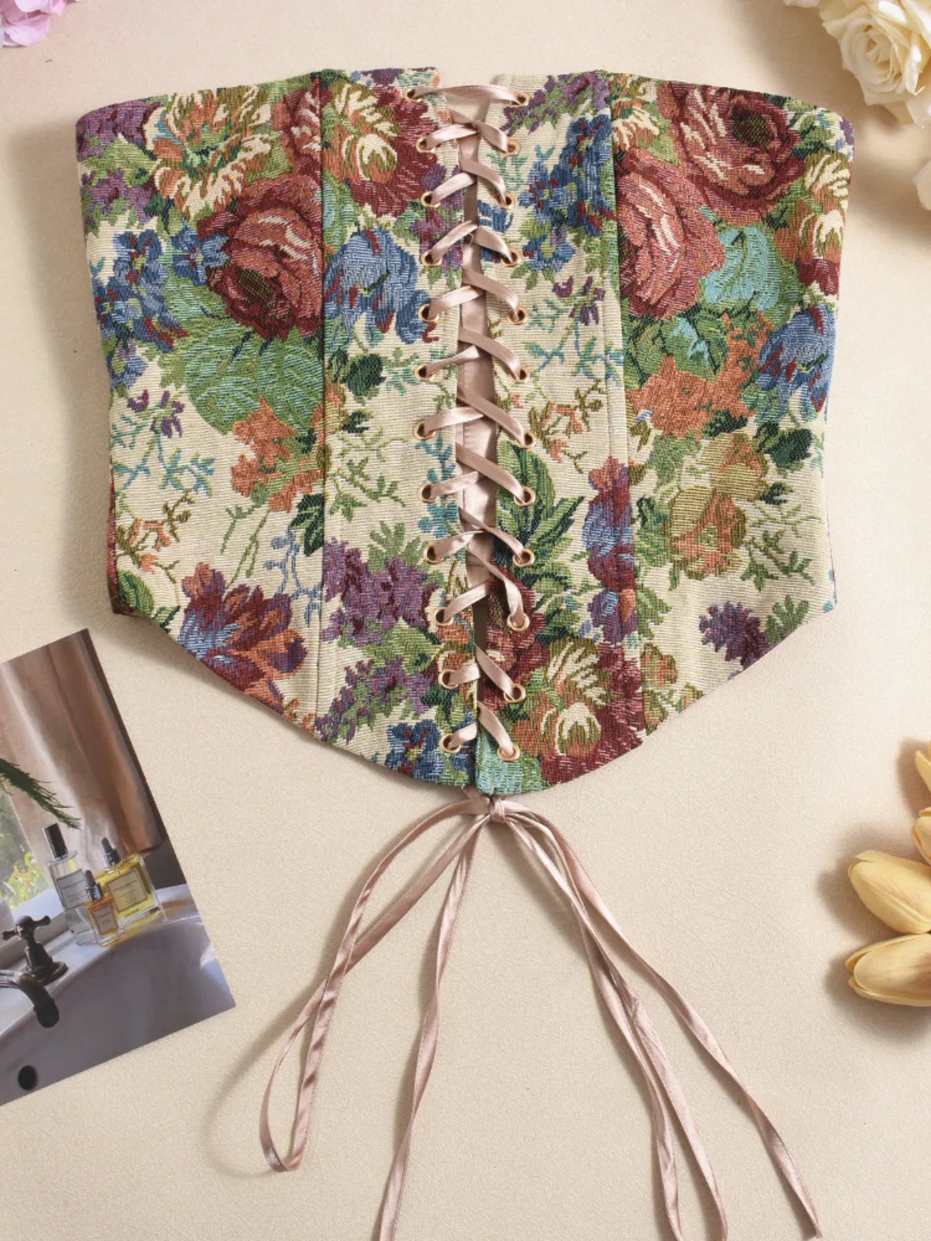 front view of floral strapless tube top with lace-up front for summer