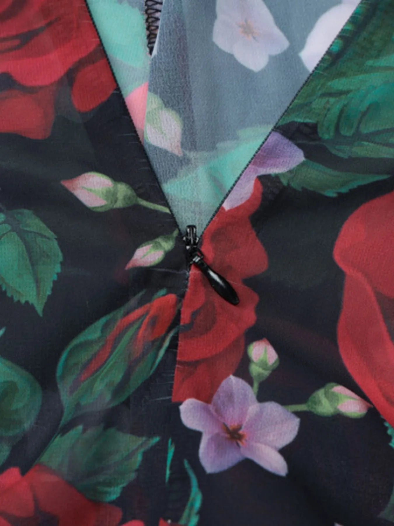 Close-up of a floral-patterned fabric with a zipper