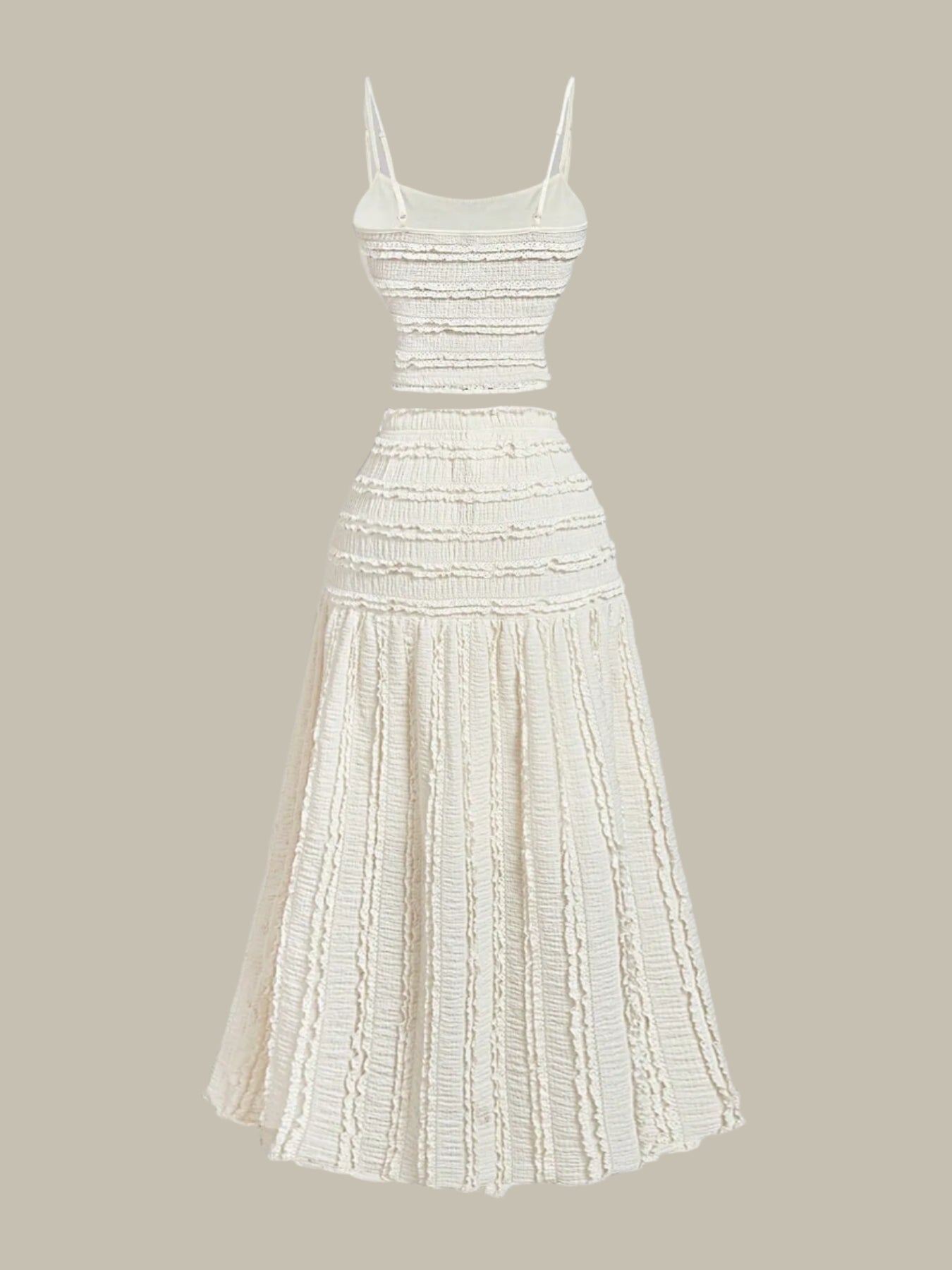 Off White textured Frill Scoop Neck Cami & Midi Skirt Set on a beige background