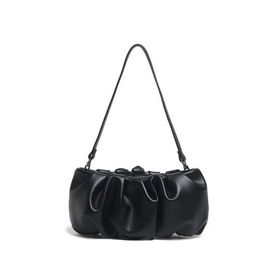 Black genuine leather pleated dumpling bag with shoulder strap with soft finish and luxury details