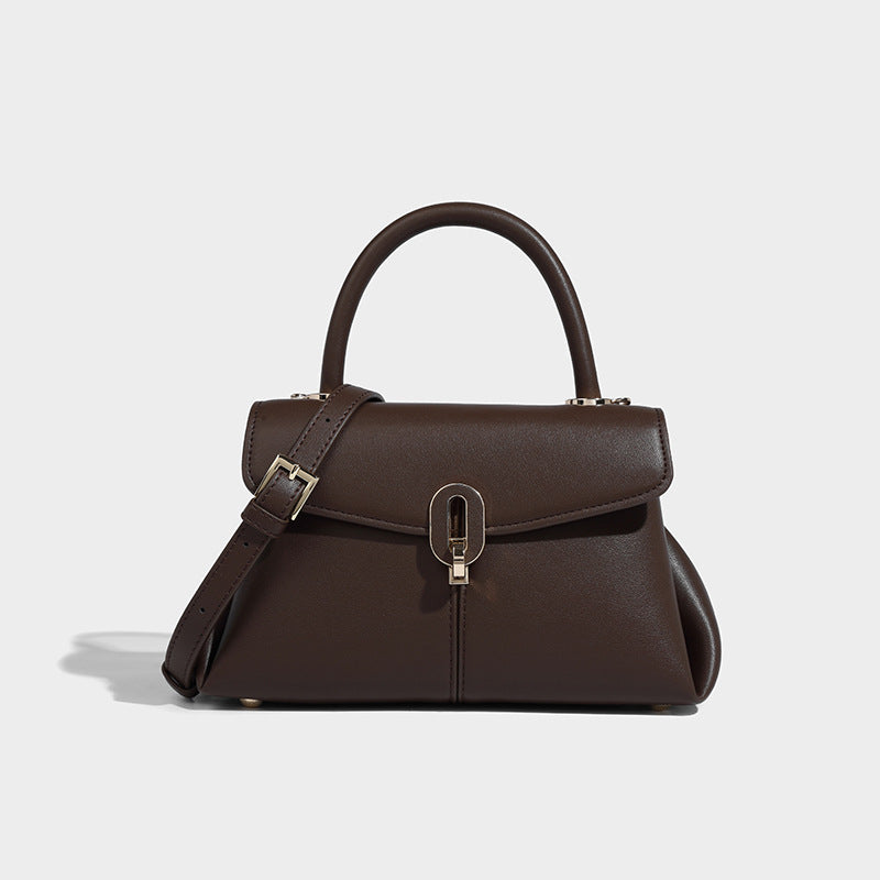 A dark brown satchel mini handbag with a structured design, featuring a buckle closure, a hand handle, and a detachable strap.