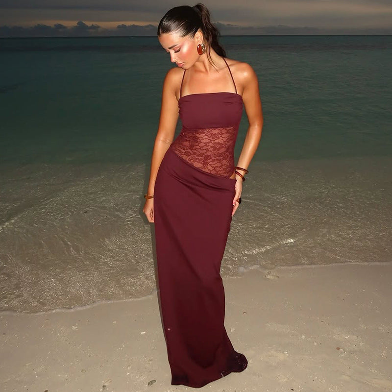 Lace Bodice Tie Long Dress