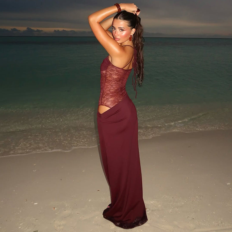 Lace Bodice Tie Long Dress