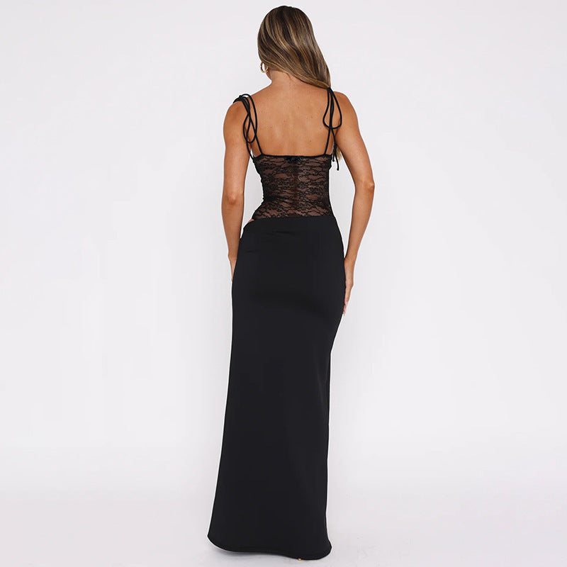Lace Bodice Tie Long Dress