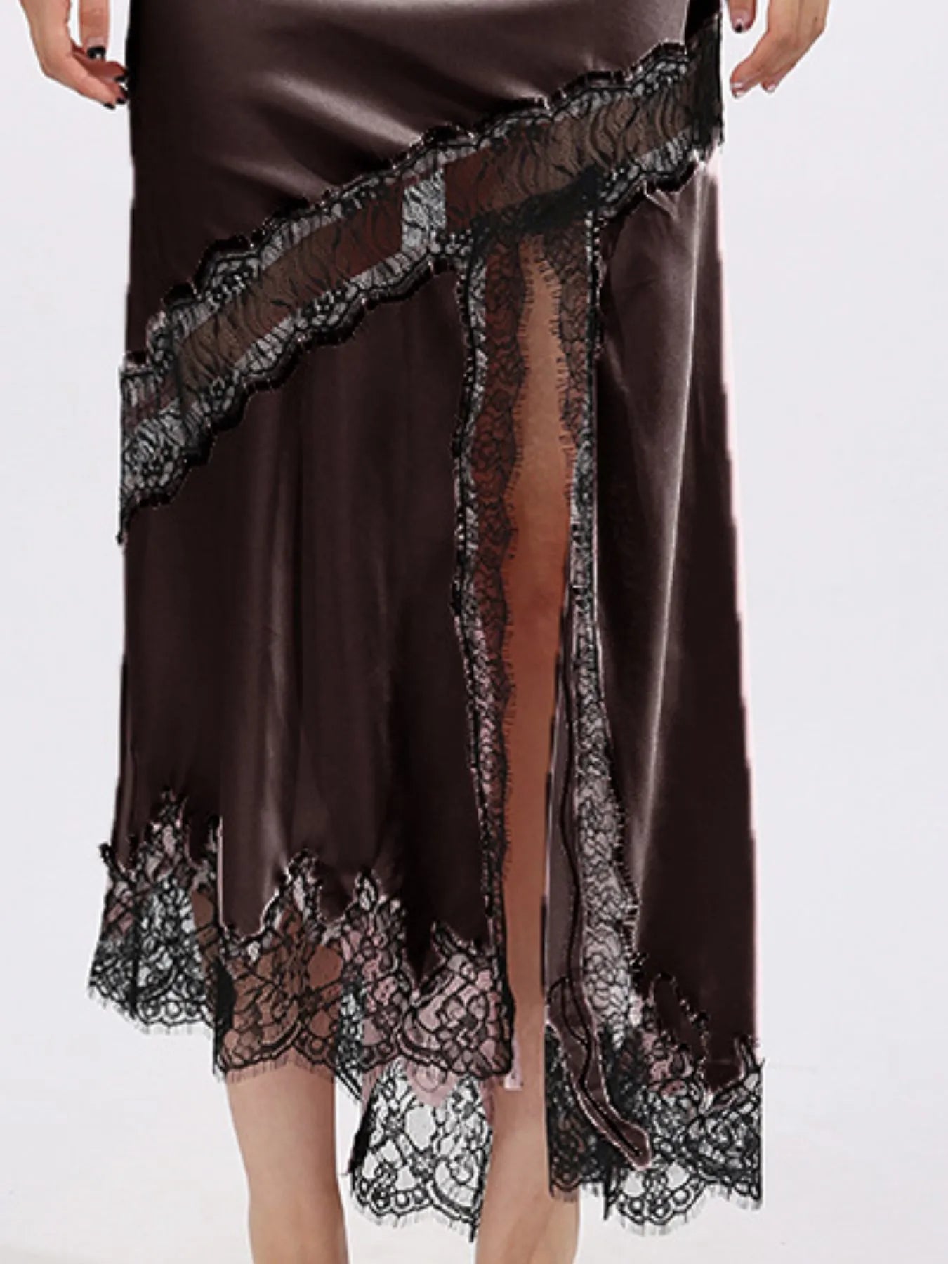 Brown satin midi skirt with black lace trim with thigh high slit on a white background