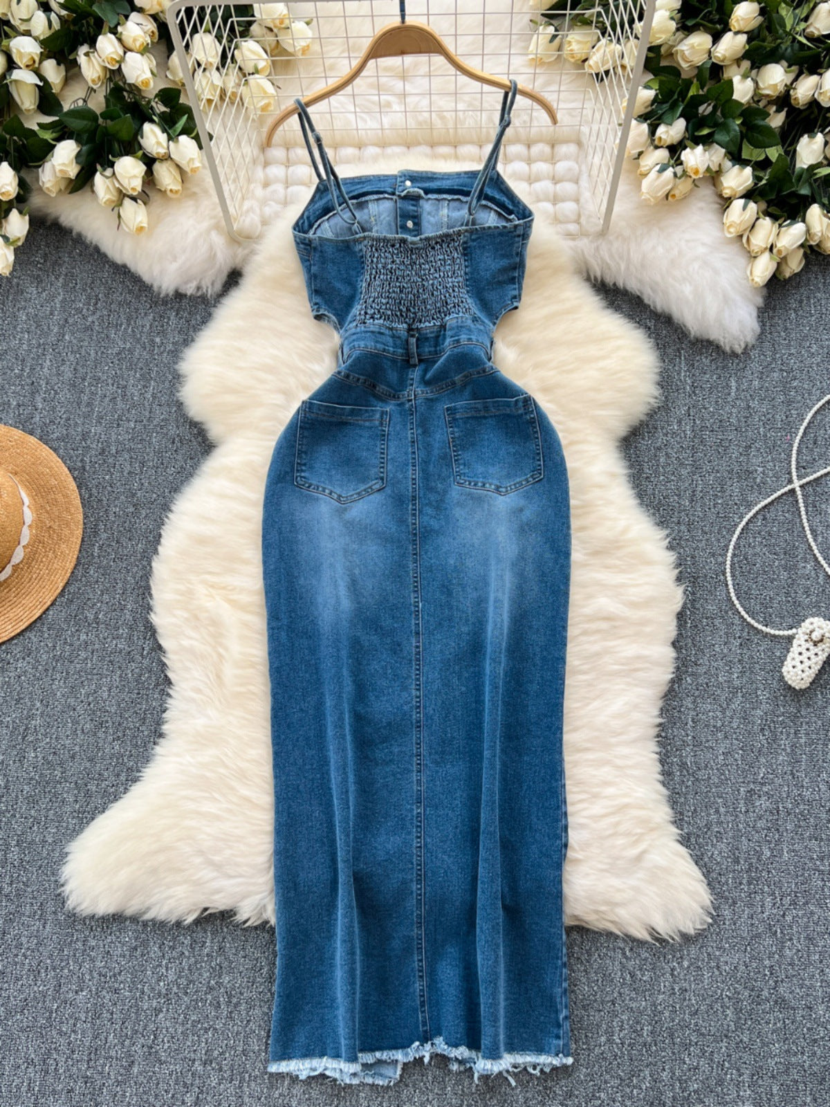 Retro Denim Dress With Frayed Hem Split