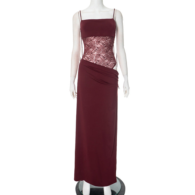 Lace Bodice Tie Long Dress