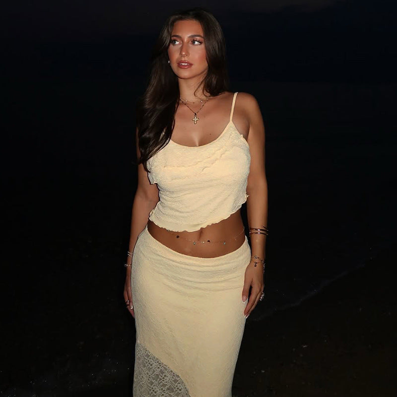 Lace Top and High Waist Skirt Two-piece Set