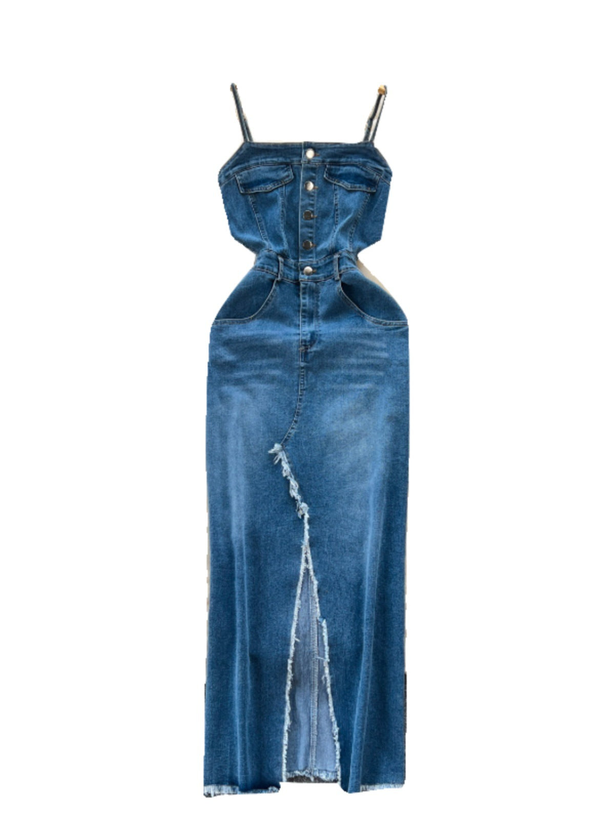 Retro Denim Dress With Frayed Hem Split