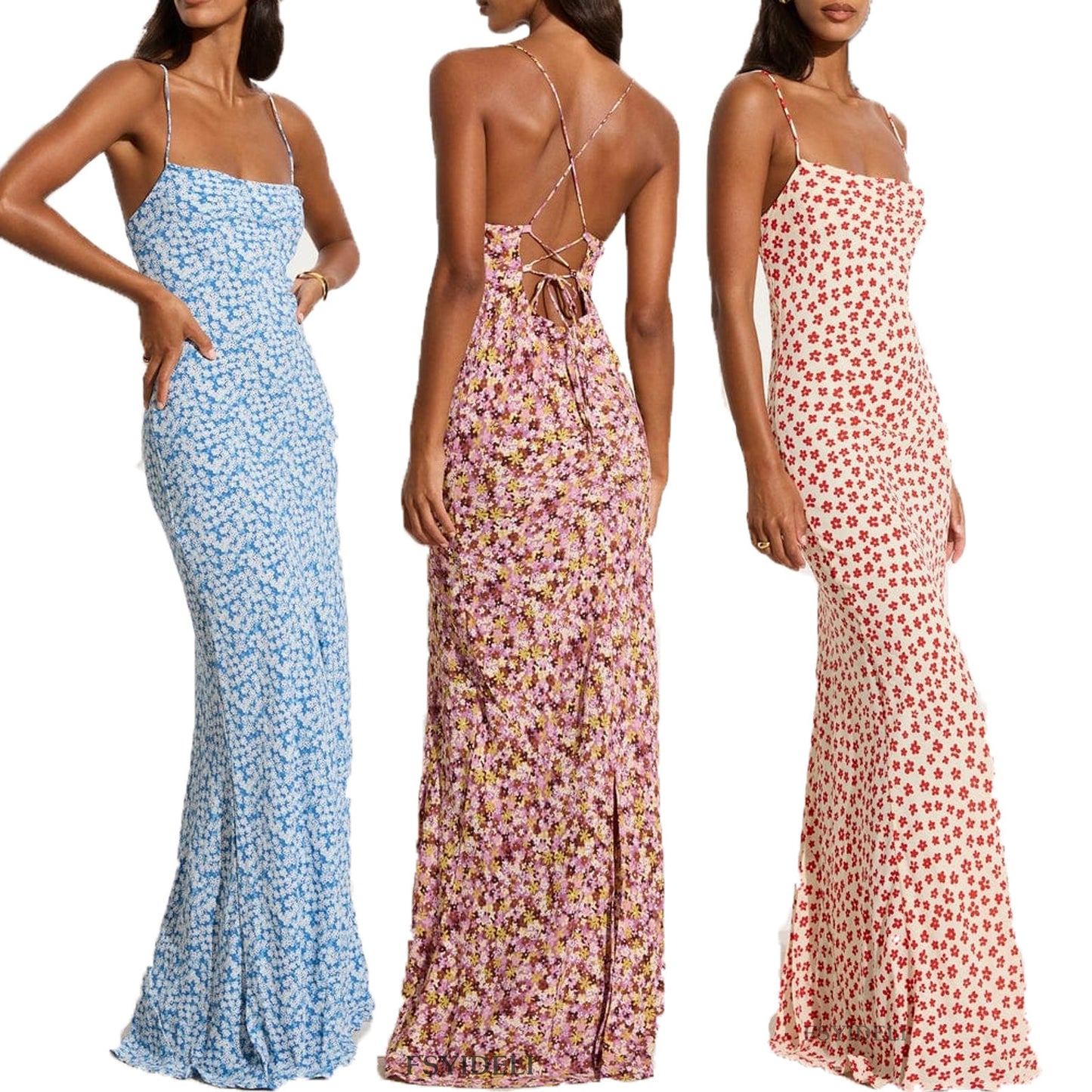 Collage of model wearing a printed floral dress in blue, purple, and red with a backless and lace-up feature back, side and front view.