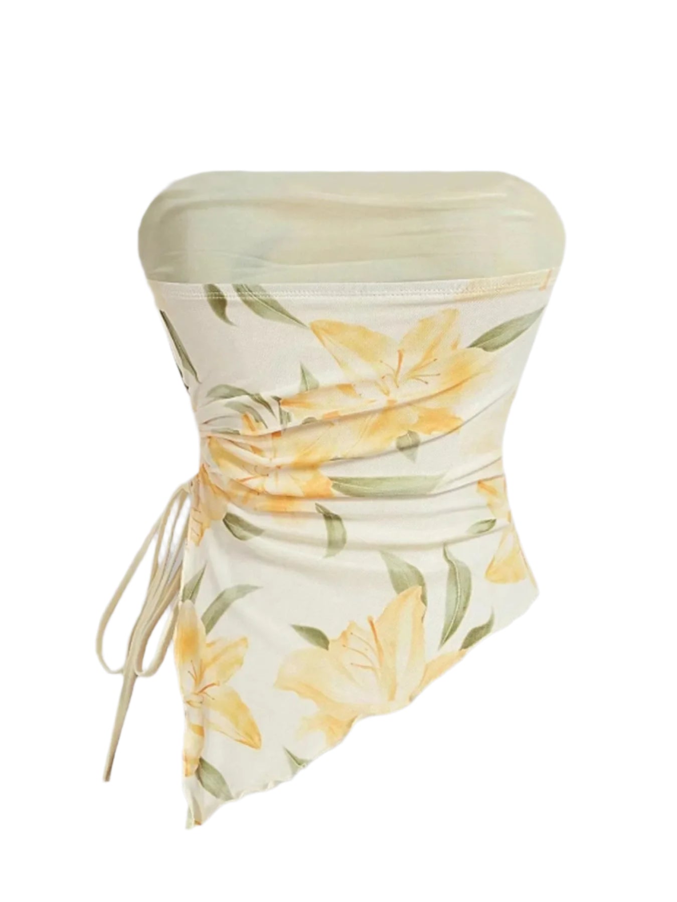 Yellow and green floral bandeau summer top back view on a white background