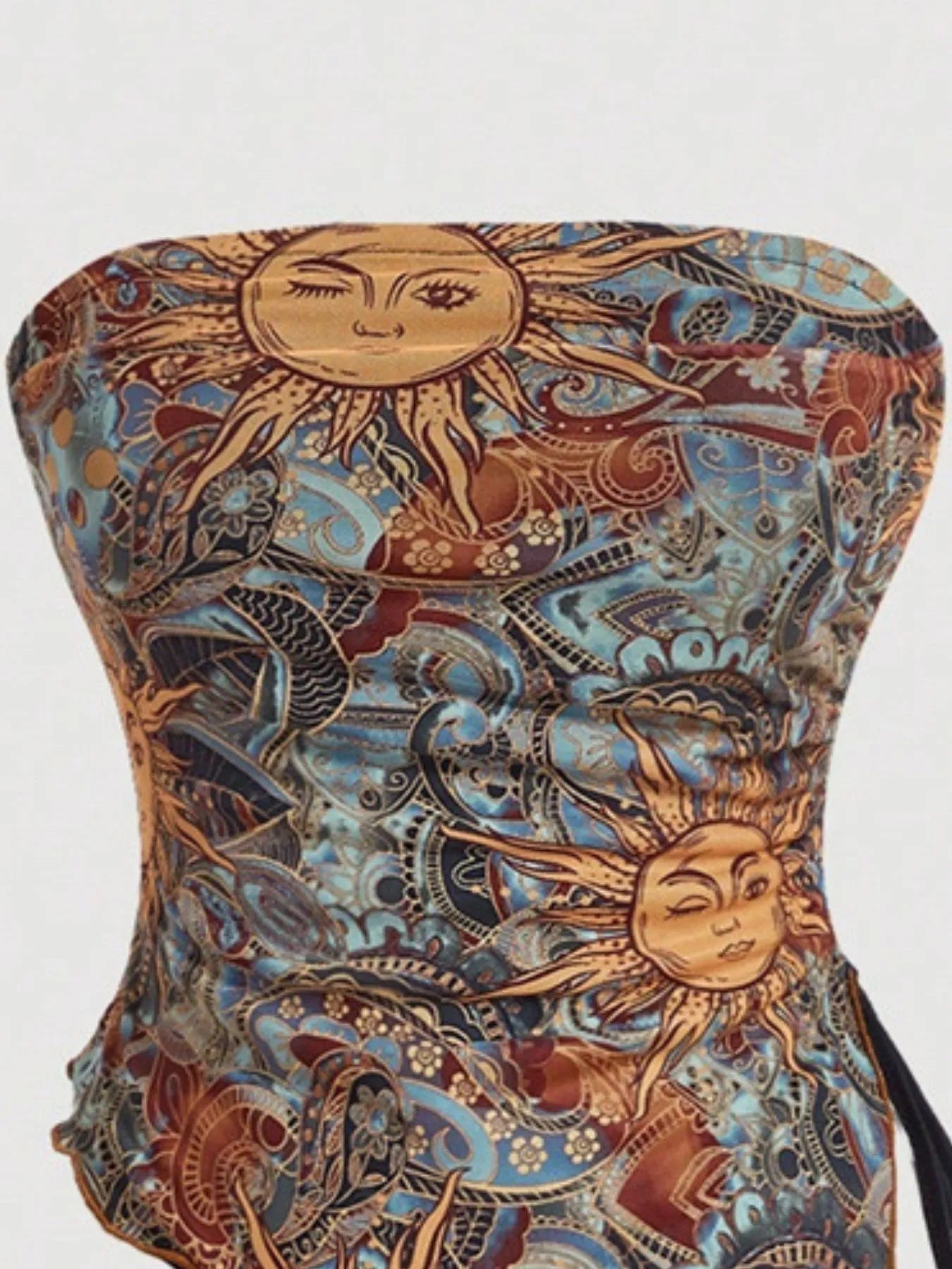 close up of Printed Drawstring Tube summer Top with sun and moon designs on a white background