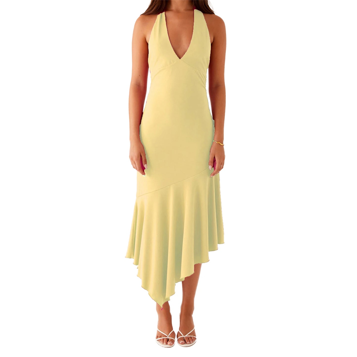 Elegant Halter Pleated Midi Dress