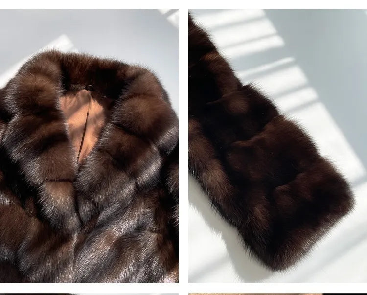 Close-up of neckline and long sleeve of a brown faux sable mid length fur coat with a white background