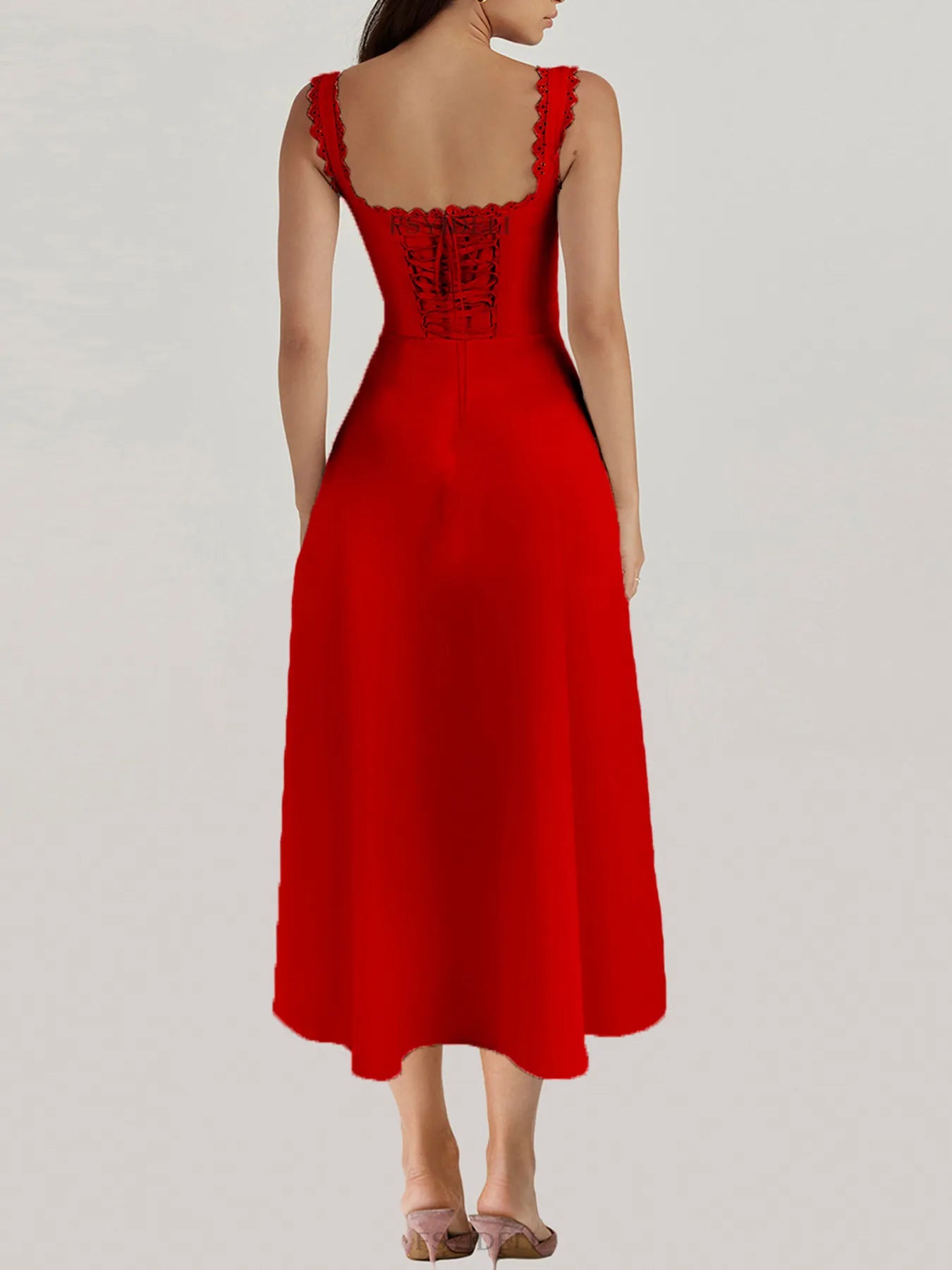 Back view of woman wearing a red Scalloped V-Neck Midi Dress with Back Lace-Up detailing on a white background