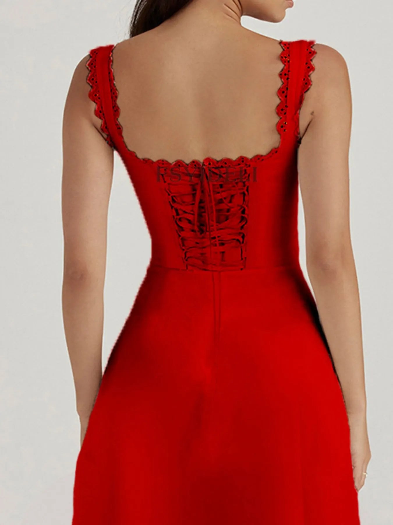 Close up back view of red Scalloped V-Neck Midi Dress with Back Lace-Up detailing on a model