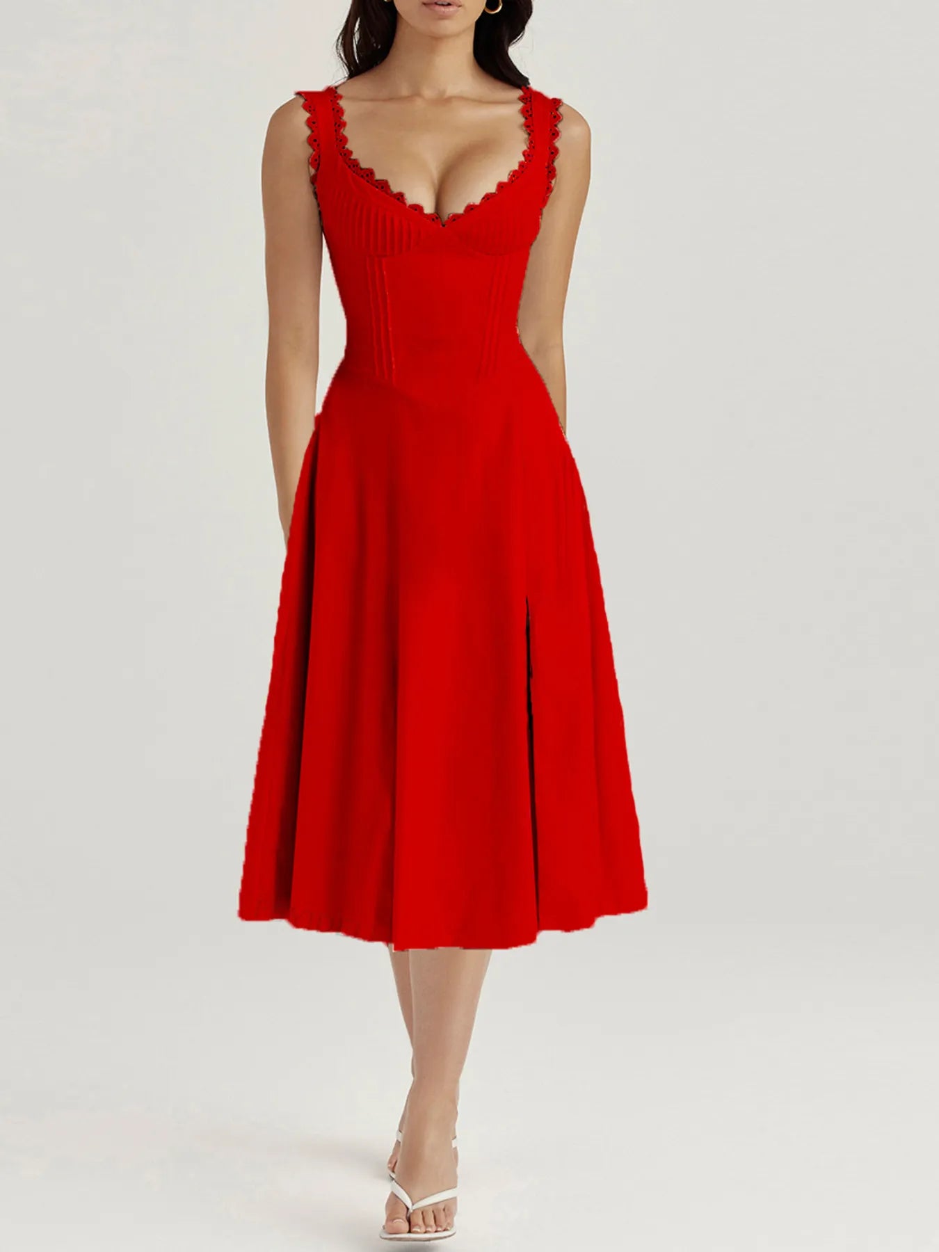 woman wearing a red Scalloped V-Neck Midi Dress with Back Lace-Up on a white background front view