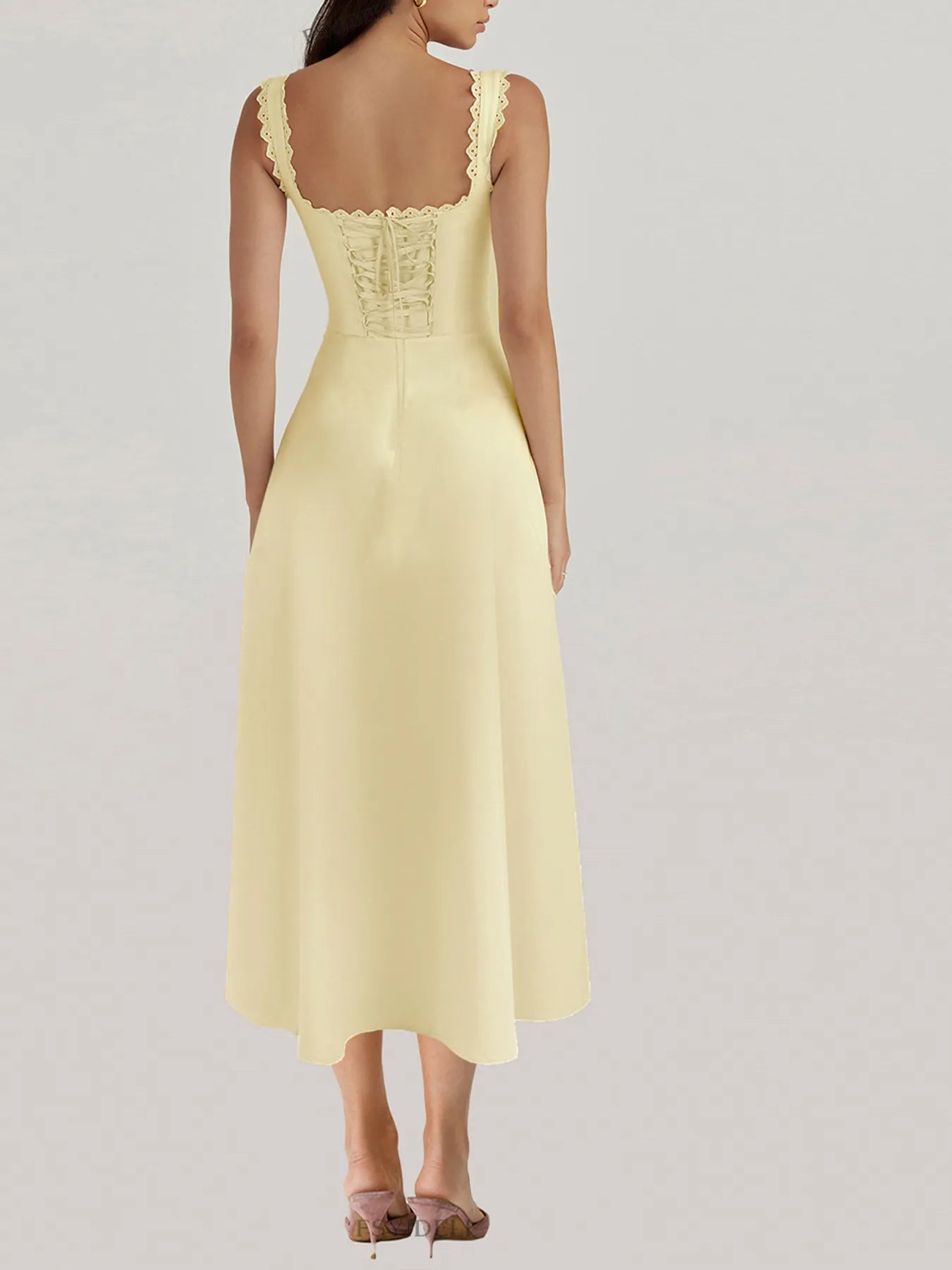 Back view of a butter yellow Scalloped V-Neck Midi Dress with Back Lace-Up details on a woman on a white background